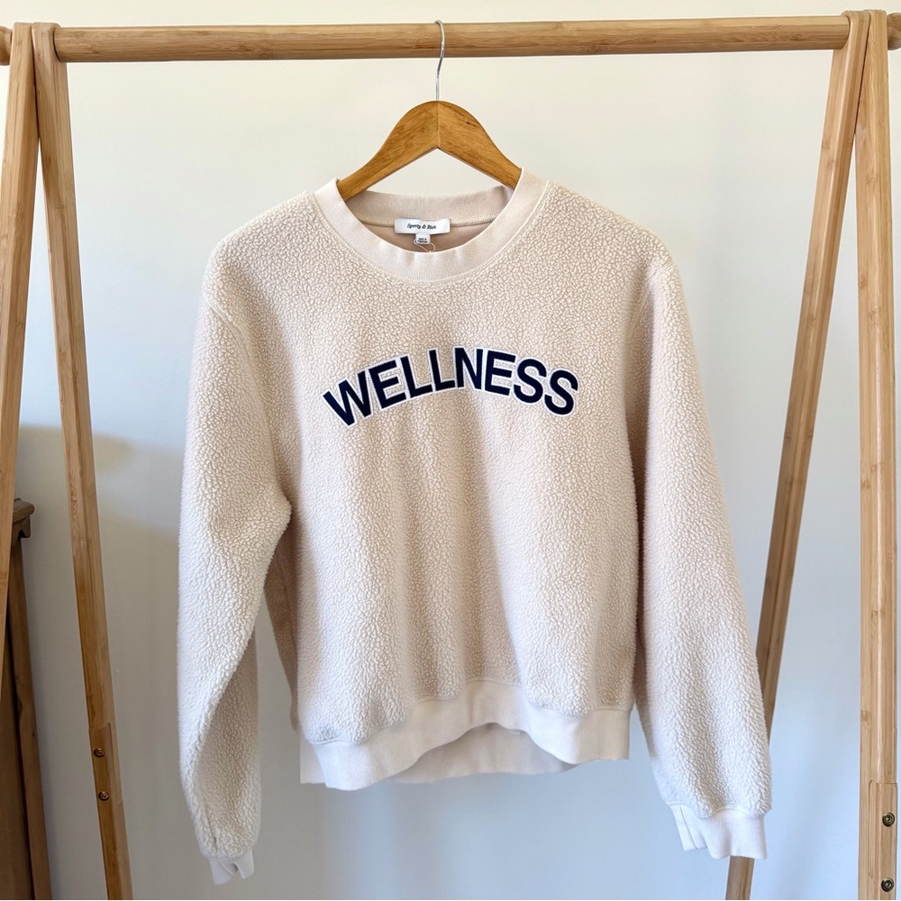 NWT Sporty & Rich WELLNESS Embroidered Sherpa Crewneck Sweatshirt in Cream - L